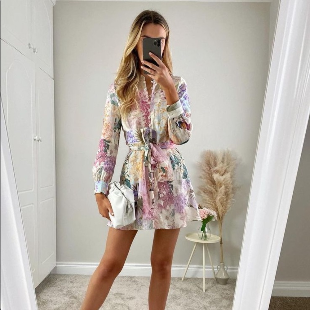 ZARA Linen Floral Parrot Tropical Print Button Front Dress & Tie Belt, Medium